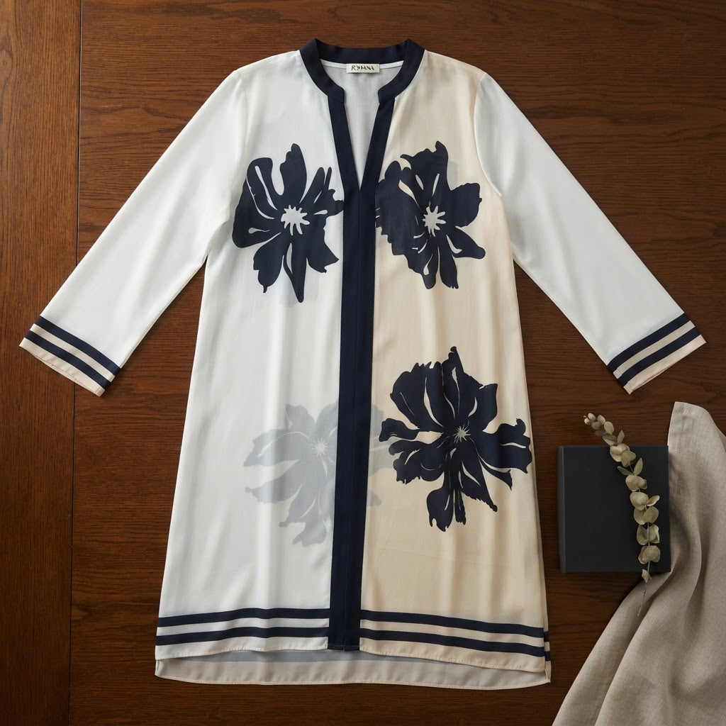 JOMANA White and Navy Floral Graphic Long Sleeve Tunic Dress