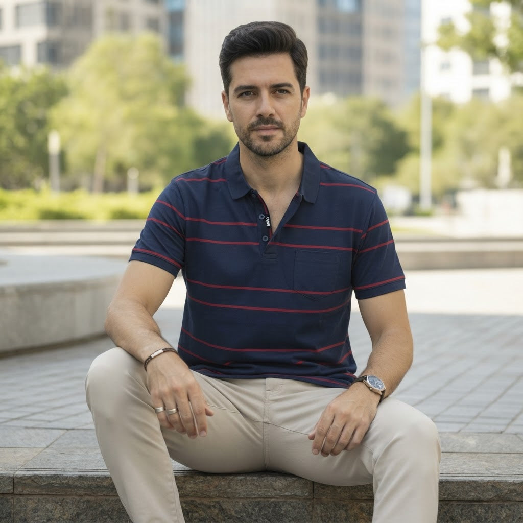 Anko Anko Navy and Red Striped Cotton Jersey Polo Shirt