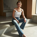 BERSHKA Mid-Blue High-Rise Long Flare Jeans with Raw Hem