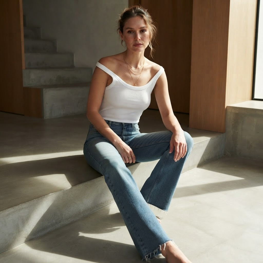 BERSHKA Mid-Blue High-Rise Long Flare Jeans with Raw Hem
