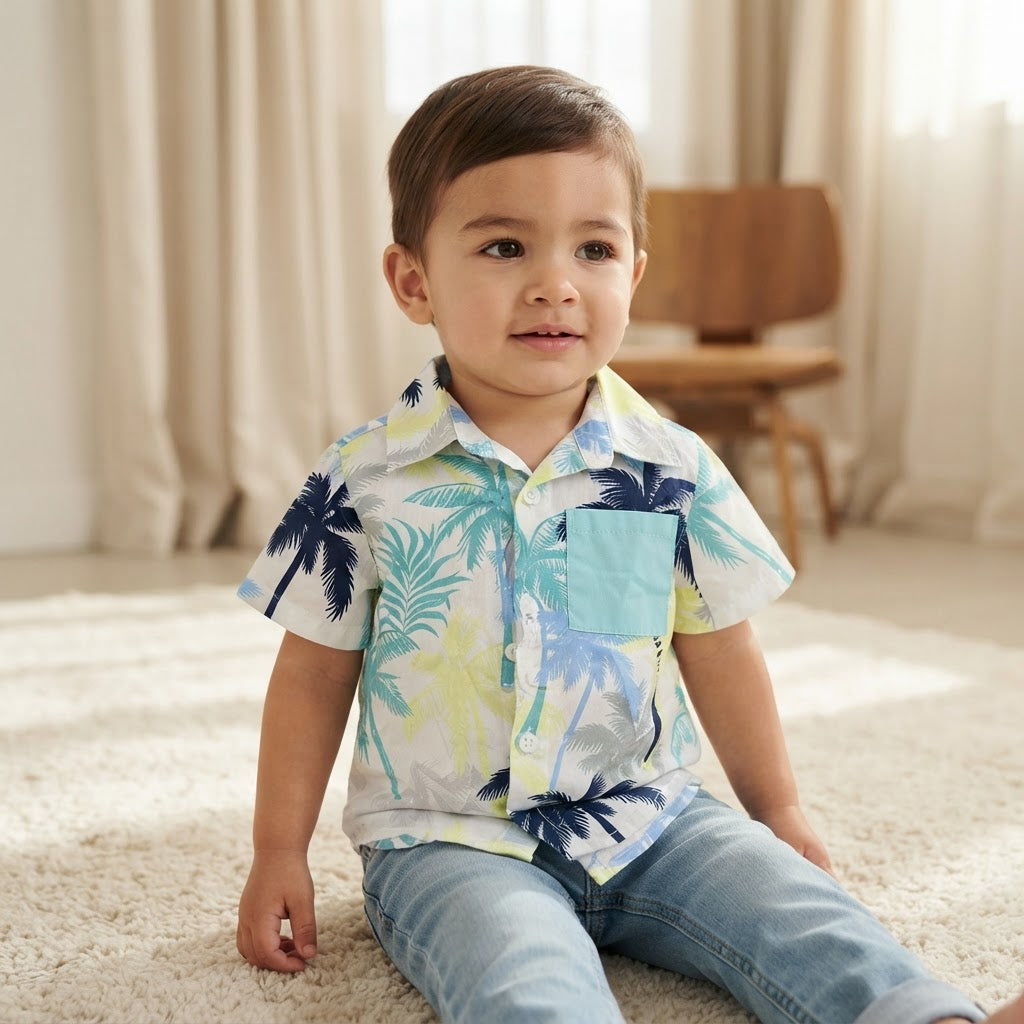 Boys Tropical Palm Tree Print Short Sleeve Button-Down