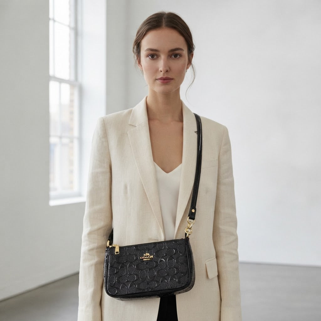 COACH NEW YORK Black Embossed Patent Leather Shoulder Bag