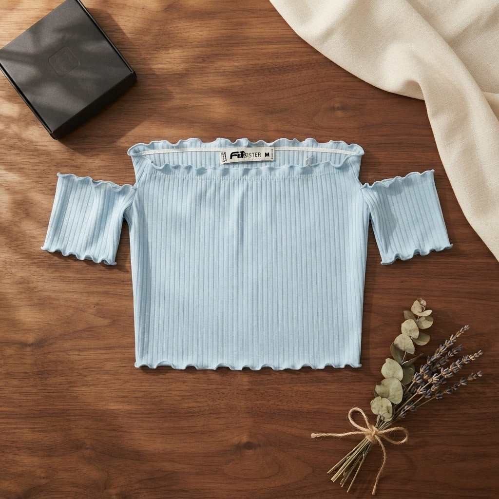 [WearU Generated:merch_flat_lay] FB Sister Light Blue Ribbed Knit Straight Tube Top – flat lay view