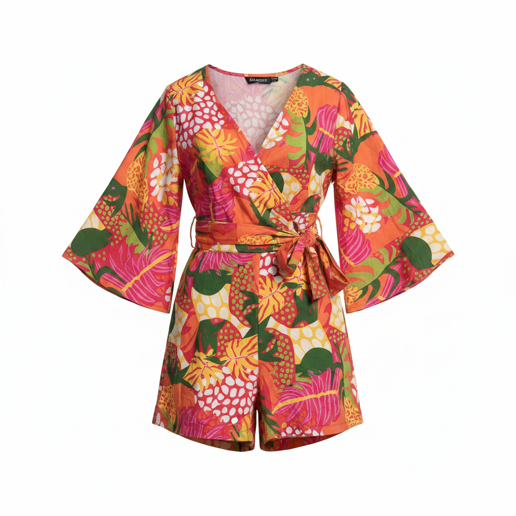 Sassafras Tropical Floral Wrap Front Romper - Small