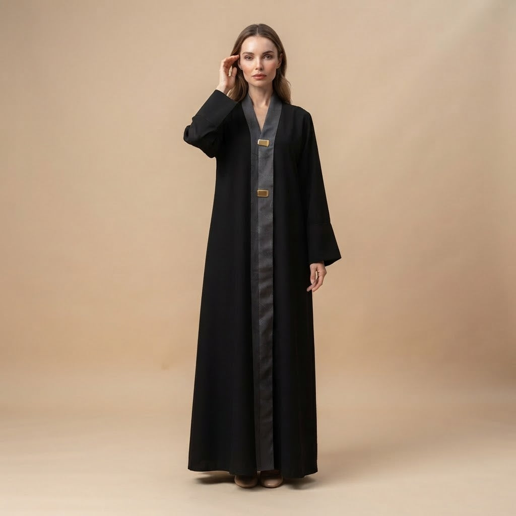 Women's Black Abaya with Gold Hardware & Patterned Trim