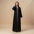 Women's Black Abaya with Gold Hardware & Patterned Trim