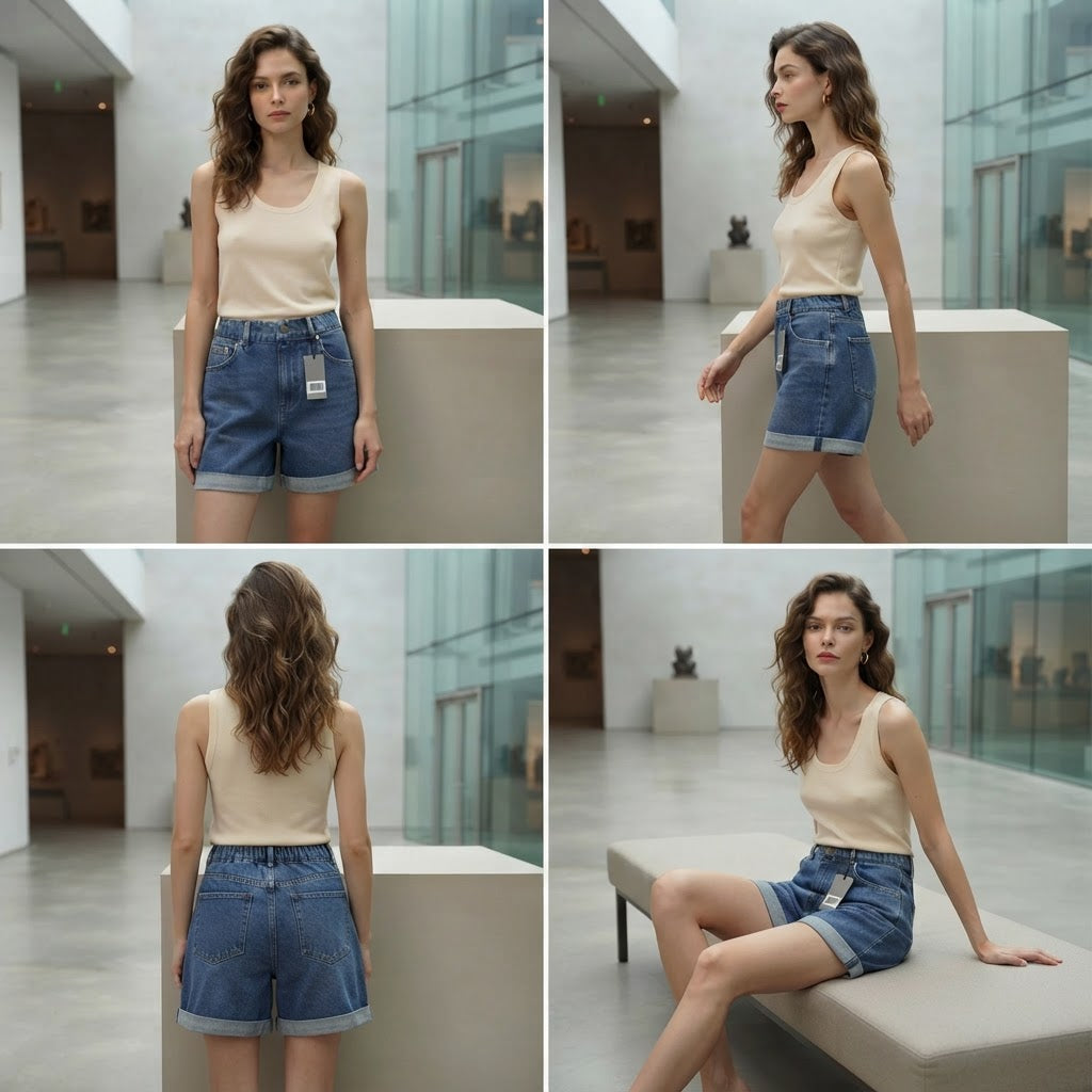 Mid-Wash Blue Denim High-Rise Shorts with Cuffed Hem
