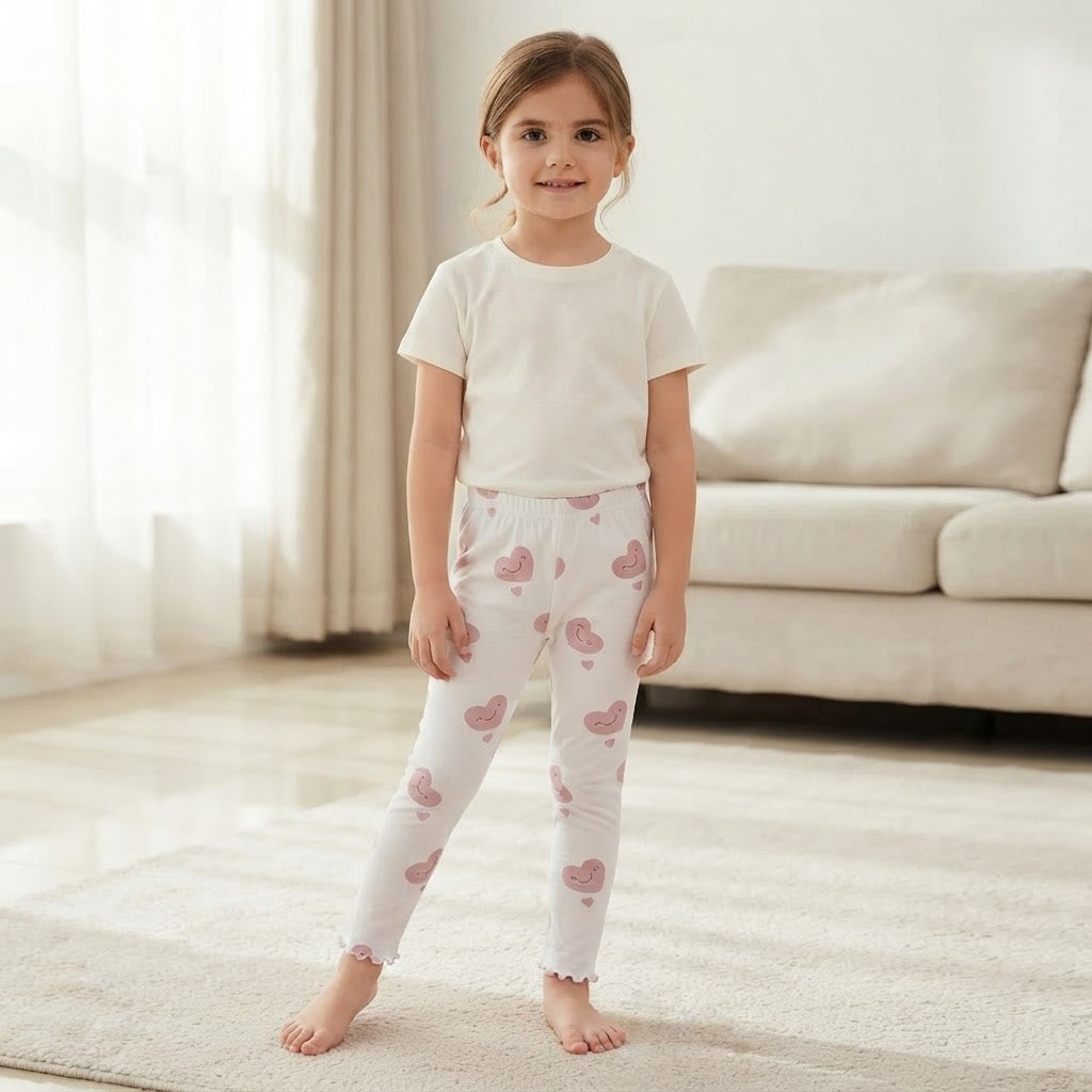 SHEIN White Ankle Leggings with Pink Kawaii Heart Print