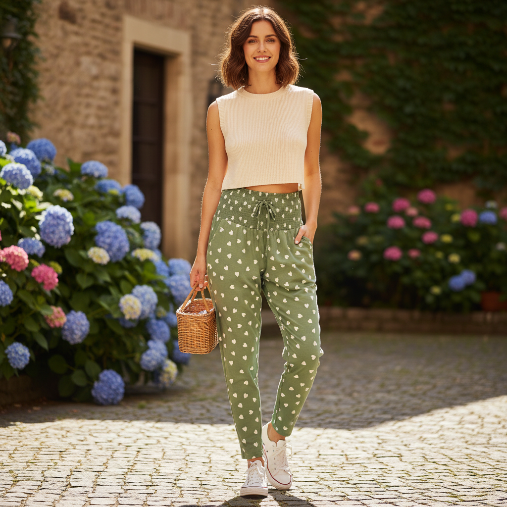 Green Heart Print High Waist Pyjama Bottoms