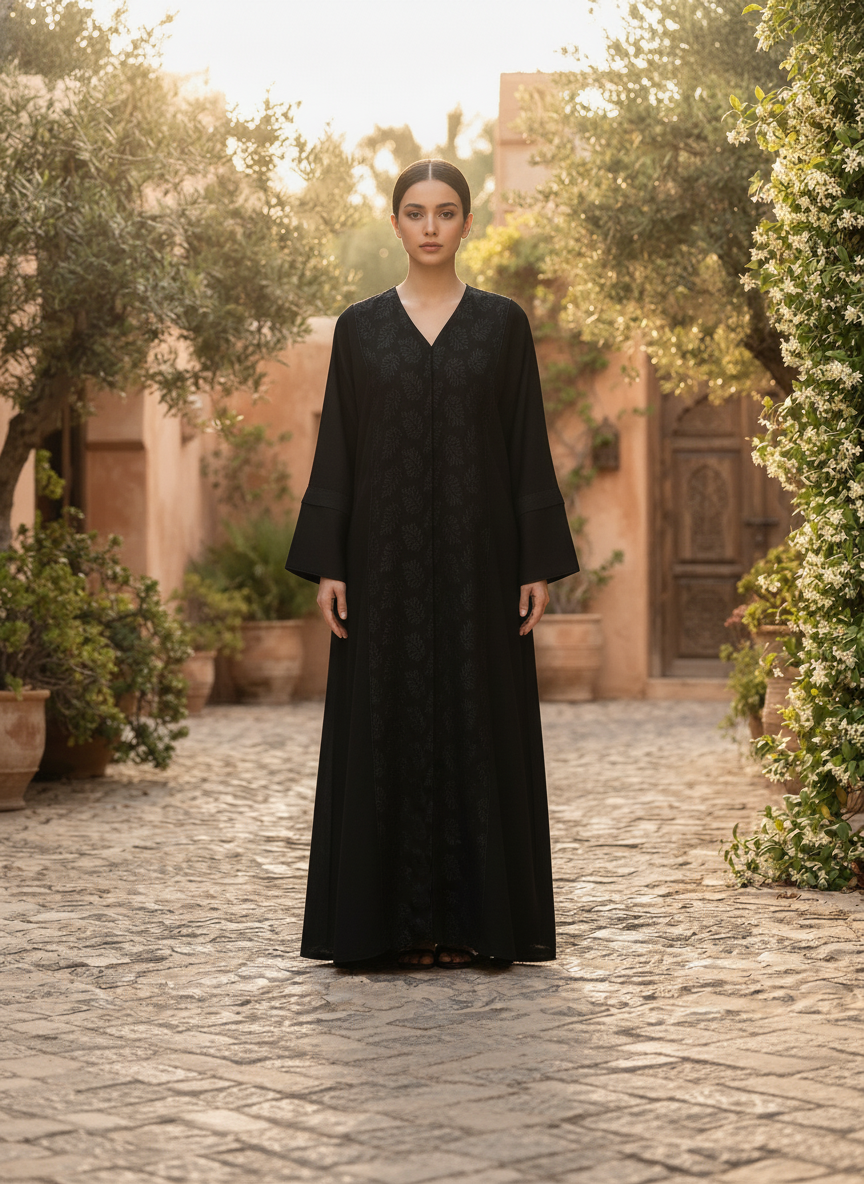 Black Botanical Jacquard Panel Men's Long Kurta