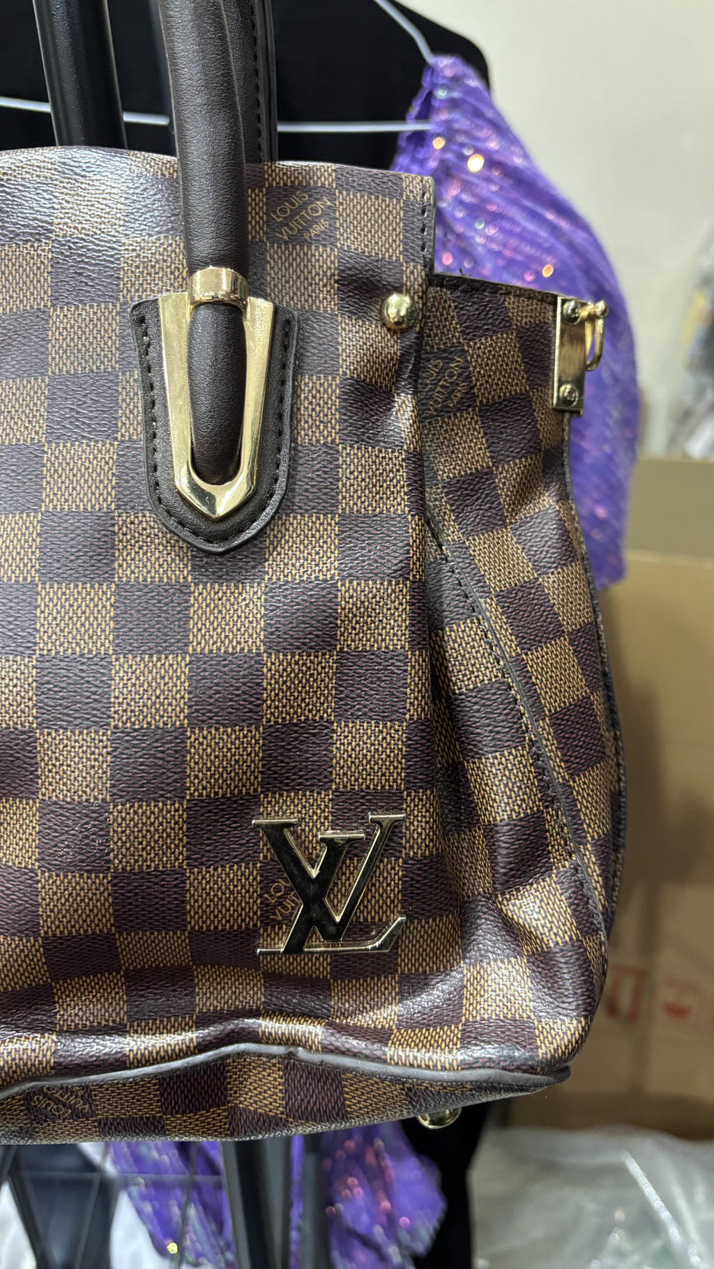 LOUIS VUITTON PARIS Brown Checkered Structured Top-Handle To