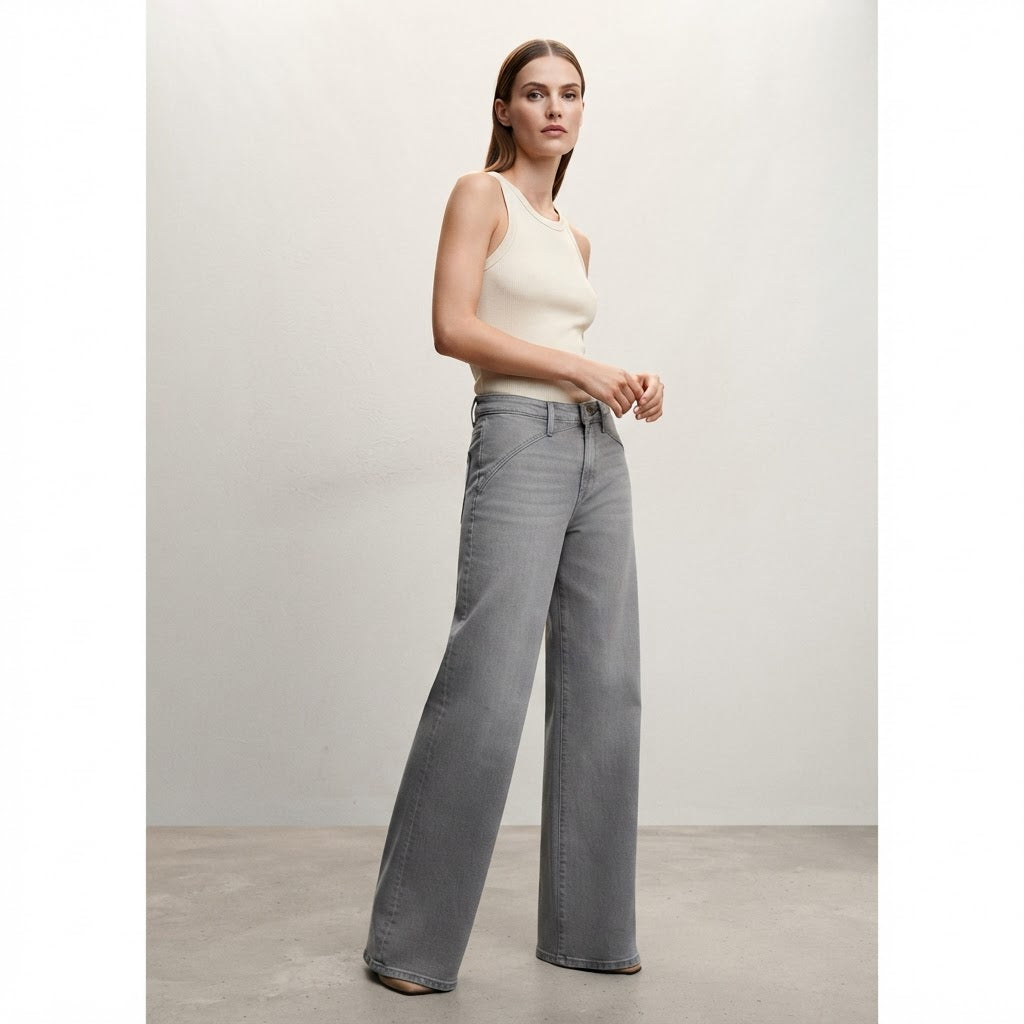 Mango Grey Wide-Leg Denim Jeans with Architectural Waistband