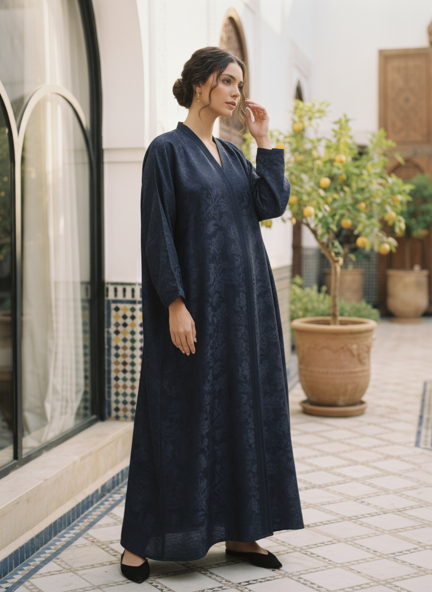 Al Wisham Al Aneeq Deep Navy Floral Jacquard A-Line Floor-Le