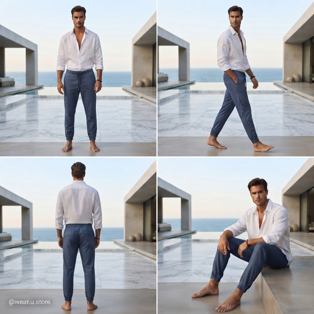Slate Blue Drawstring Elastic Waist Trousers