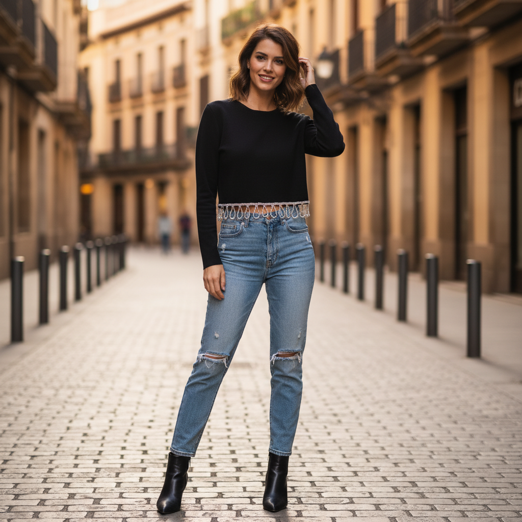 Bershka Black Rhinestone Fringe Cropped Long Sleeve Top