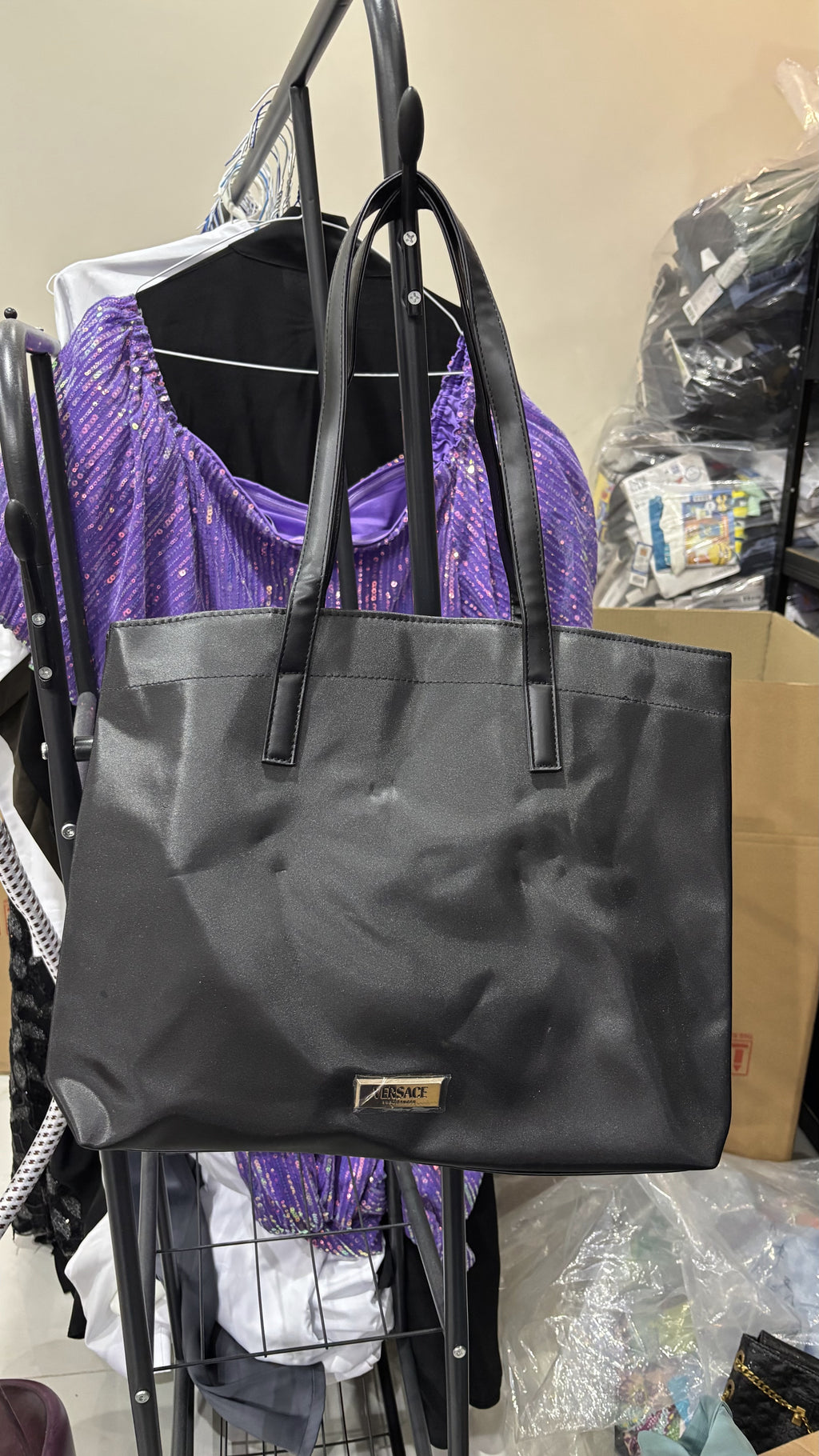 VERSACE parfums Large Black Nylon Shoulder Tote with Gold Pl