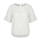 Women's White Ruched Sleeve Linen Blouse