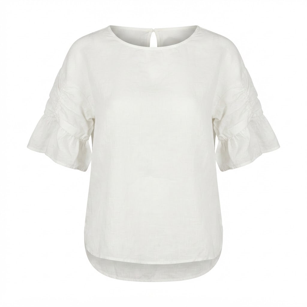 Women's White Ruched Sleeve Linen Blouse