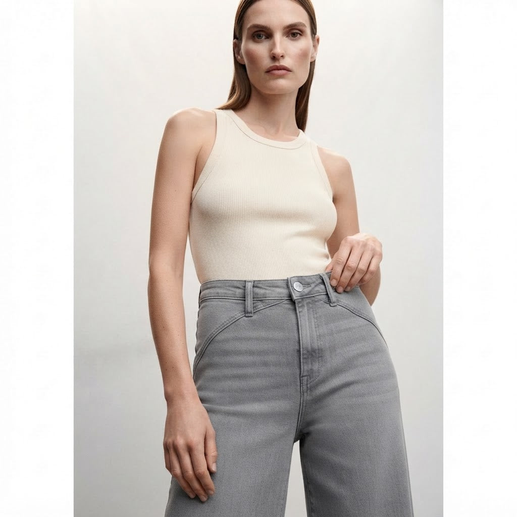 Mango Grey Wide-Leg Denim Jeans with Architectural Waistband