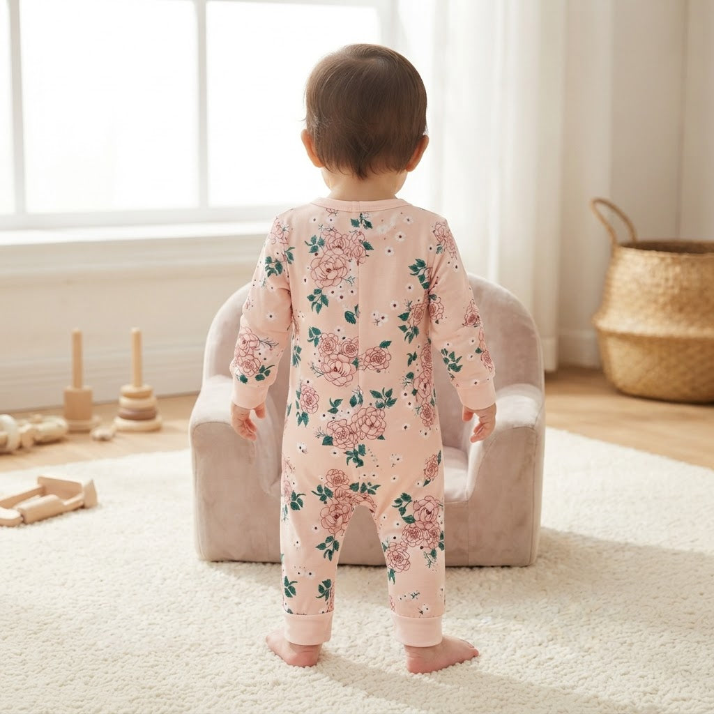 SHEIN Pale Blush Pink Floral Long-Sleeve Baby Romper