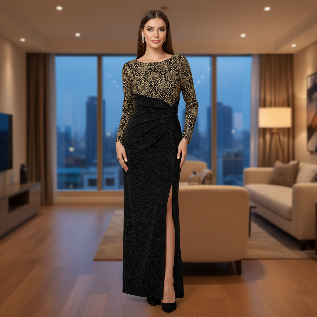Women's Black and Gold Metallic Long Sleeve Maxi Dress