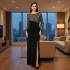 Women's Black and Gold Metallic Long Sleeve Maxi Dress