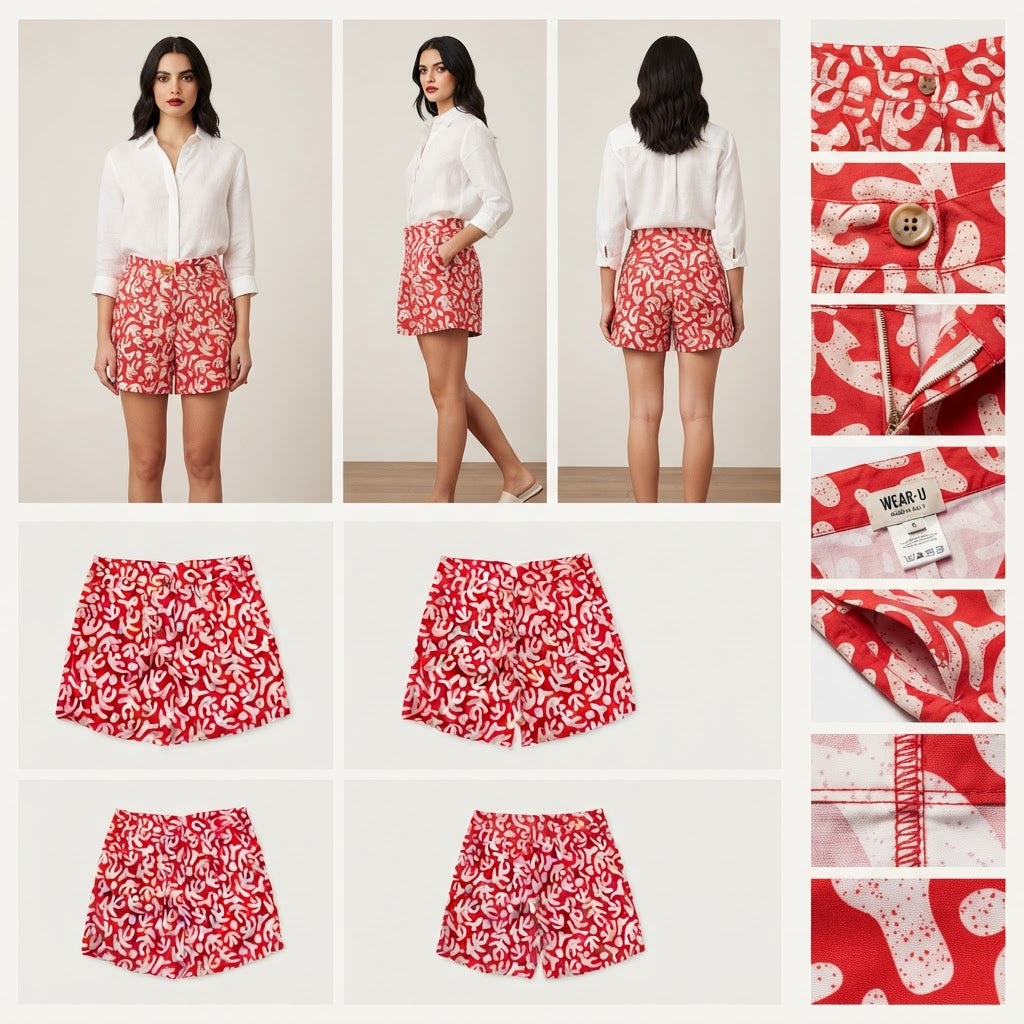 Red and White Abstract Print High-Waist Shorts