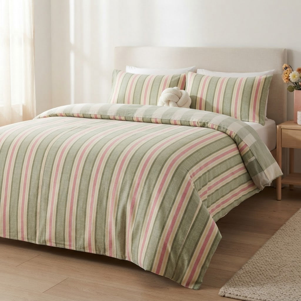 anko Striped Cotton Rich Single Quilt Cover Set - Green & gr