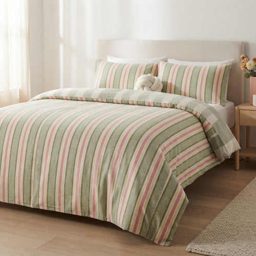 anko Striped Cotton Rich Single Quilt Cover Set - Green & gr