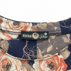 REFAN Women's Navy Blue Floral Long Kimono with Gold Trim