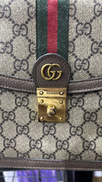 GUCCI Monogram Canvas Top Handle Bag with Web Stripe