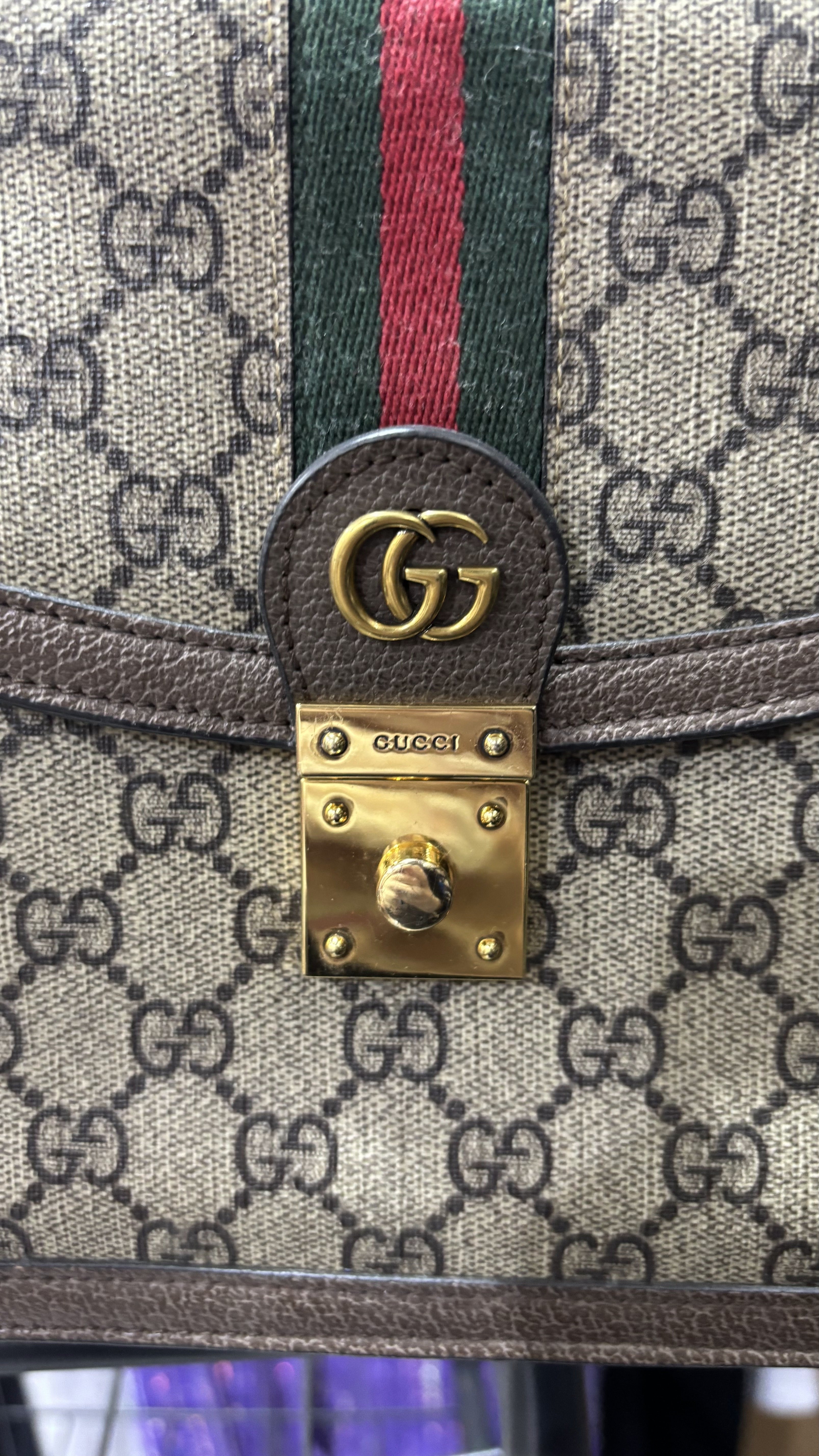 GUCCI Monogram Canvas Top Handle Bag with Web Stripe