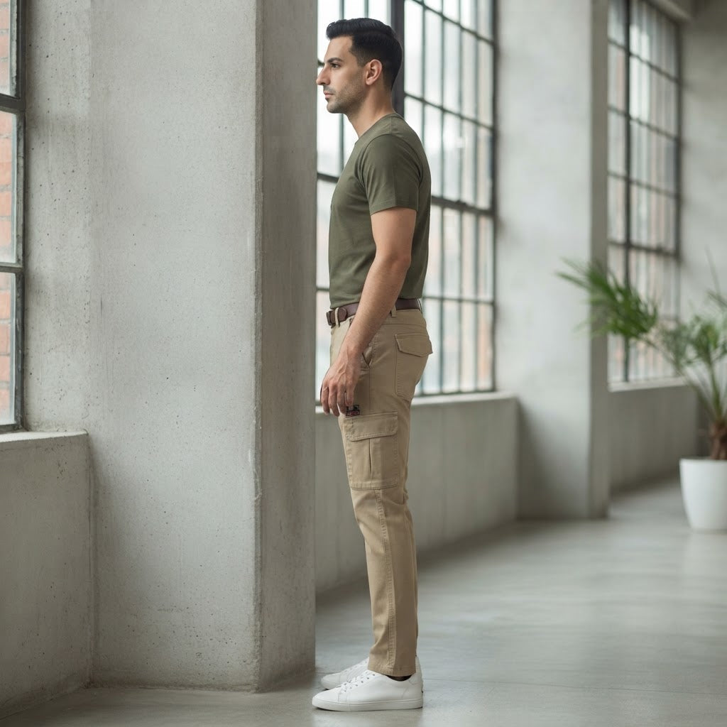 FINE ROSE Khaki Slim-Tapered Multi-Pocket Cargo Trousers