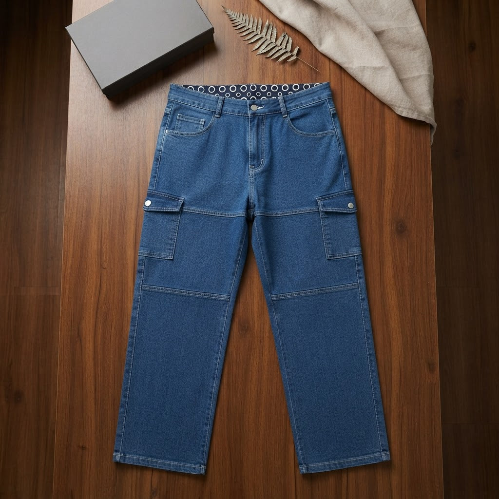 off-white Medium Blue Wide Leg Cargo Denim Jeans with Contra