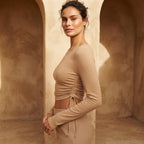 SHEIN Sandy Beige Ribbed Long-Sleeve Cropped Top with Side R