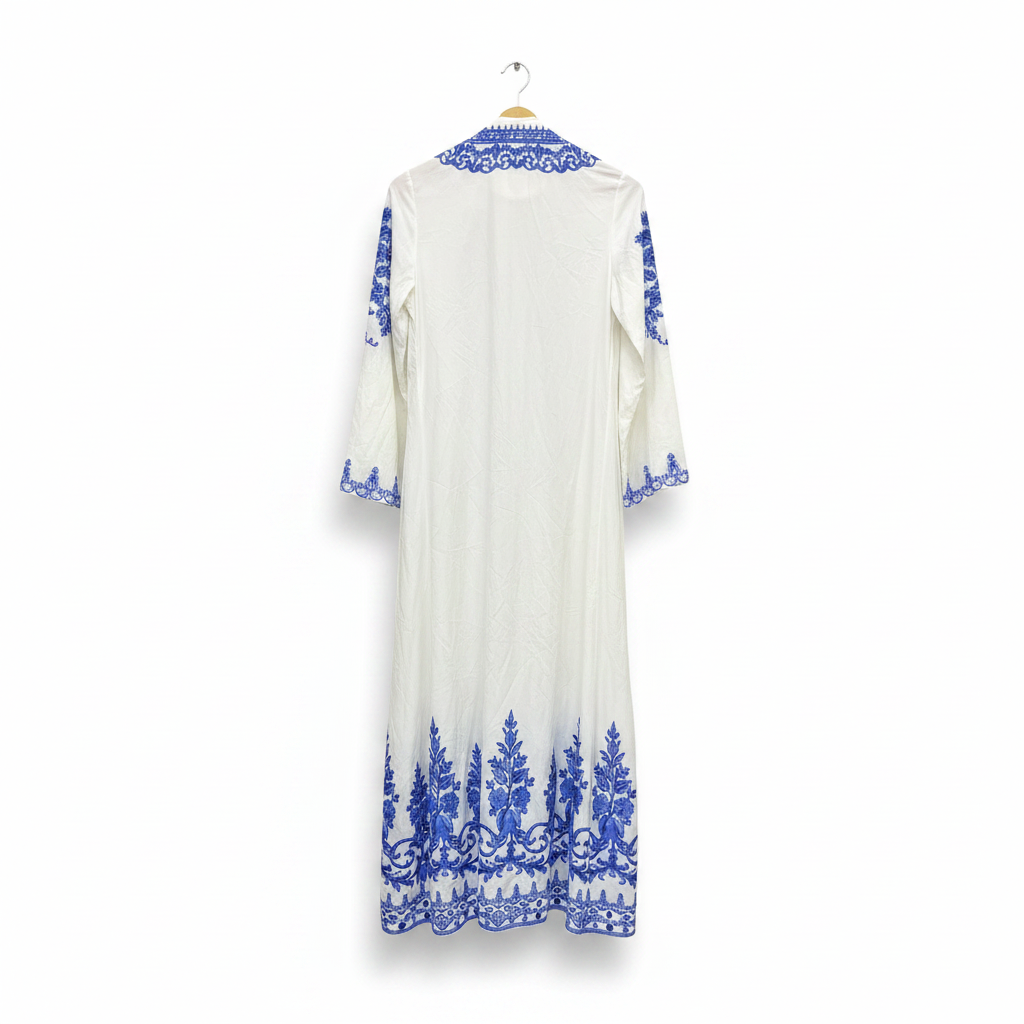 SHEIN Women's White and Blue Patterned Maxi Kimono Robe