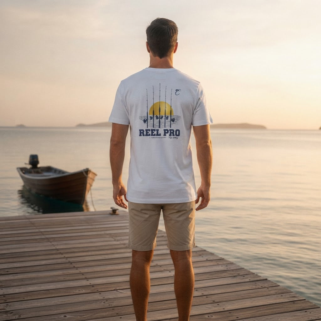 Reel Pro White Graphic Fishing T-Shirt with Reel Pro Back Pr