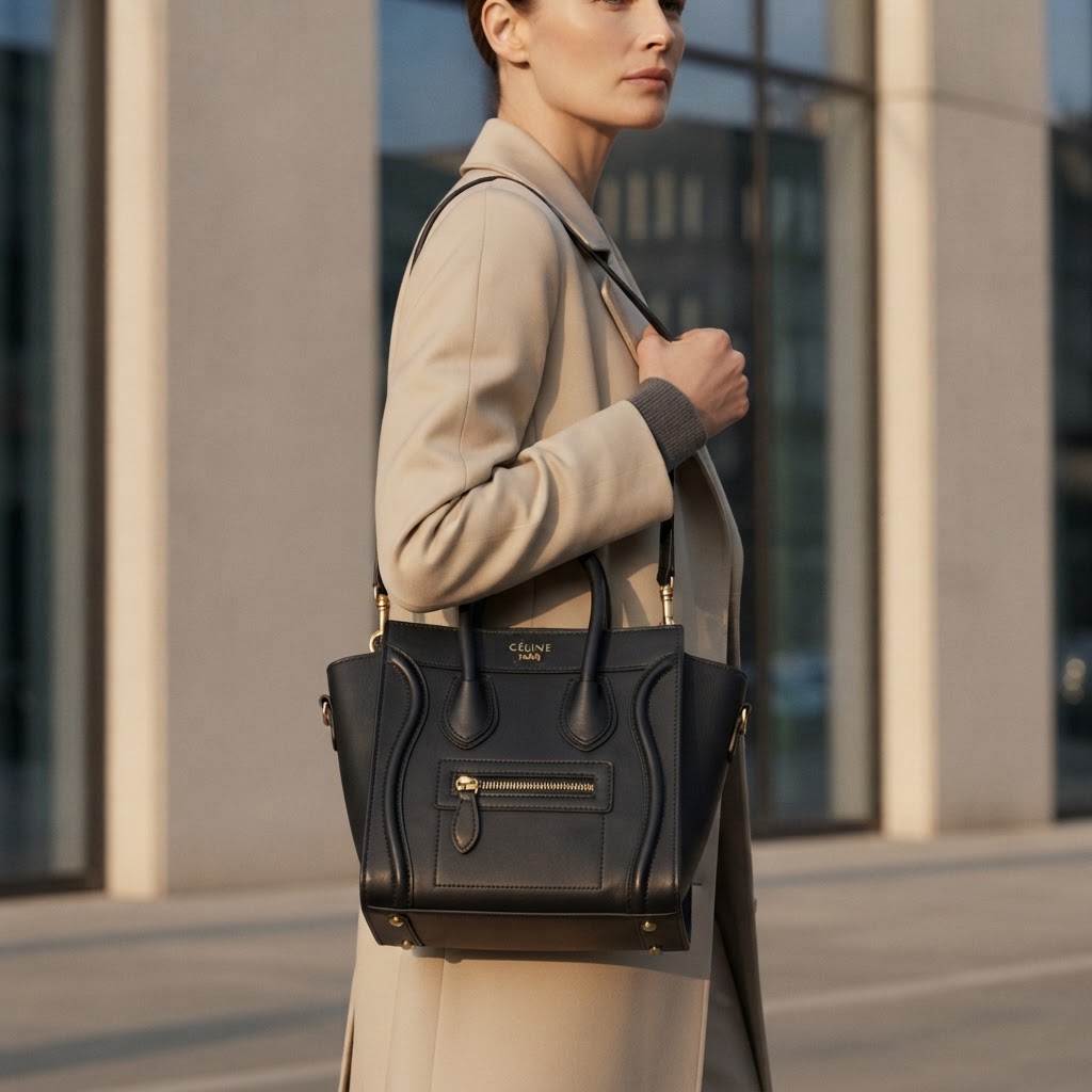 CÉLINE PARIS Black Smooth Leather Structured Nano Tote