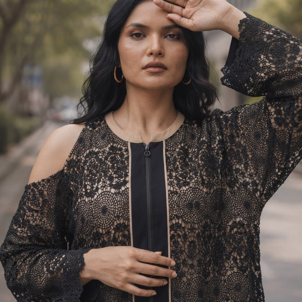 guess Black Guipure Lace Long-Sleeve Ankle Dress with Nude T