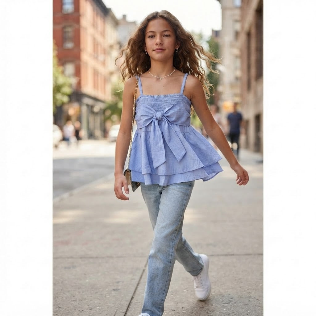 SHEIN Periwinkle Blue Smocked Ruffle Top with Front Bow
