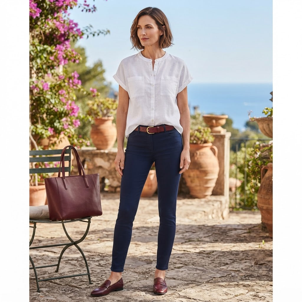 C&A Women's White Collarless Short Sleeve Linen Shirt