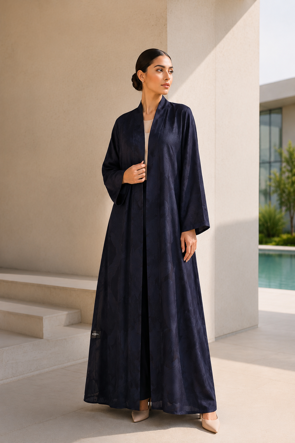 Navy Blue Jacquard Satin A-Line Open Front Abaya