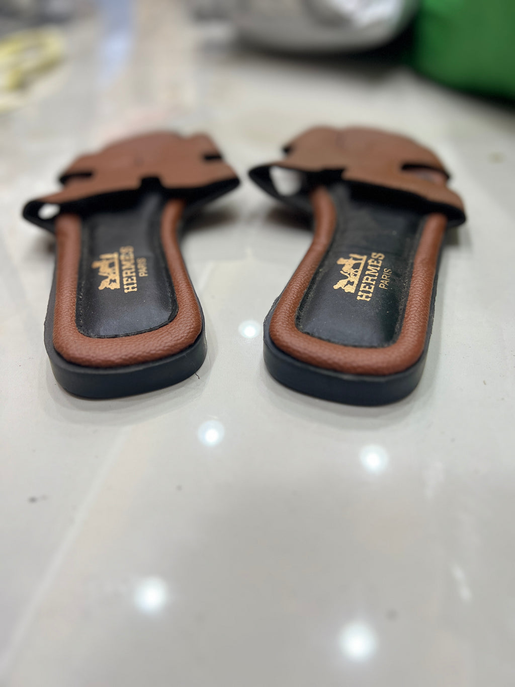HERMÈS Brown Pebbled Leather H-Strap Flat Sandals
