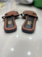 HERMÈS Brown Pebbled Leather H-Strap Flat Sandals