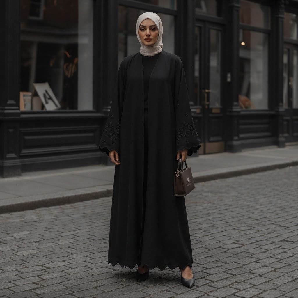 Private Black Embroidered Open-Front Abaya with Scalloped Sl