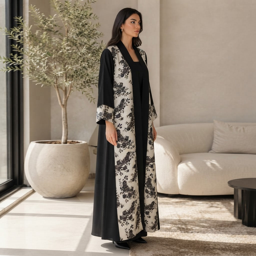 UNIQUE ABAYA Unique Abaya Black & Gold Floral Jacquard Open-