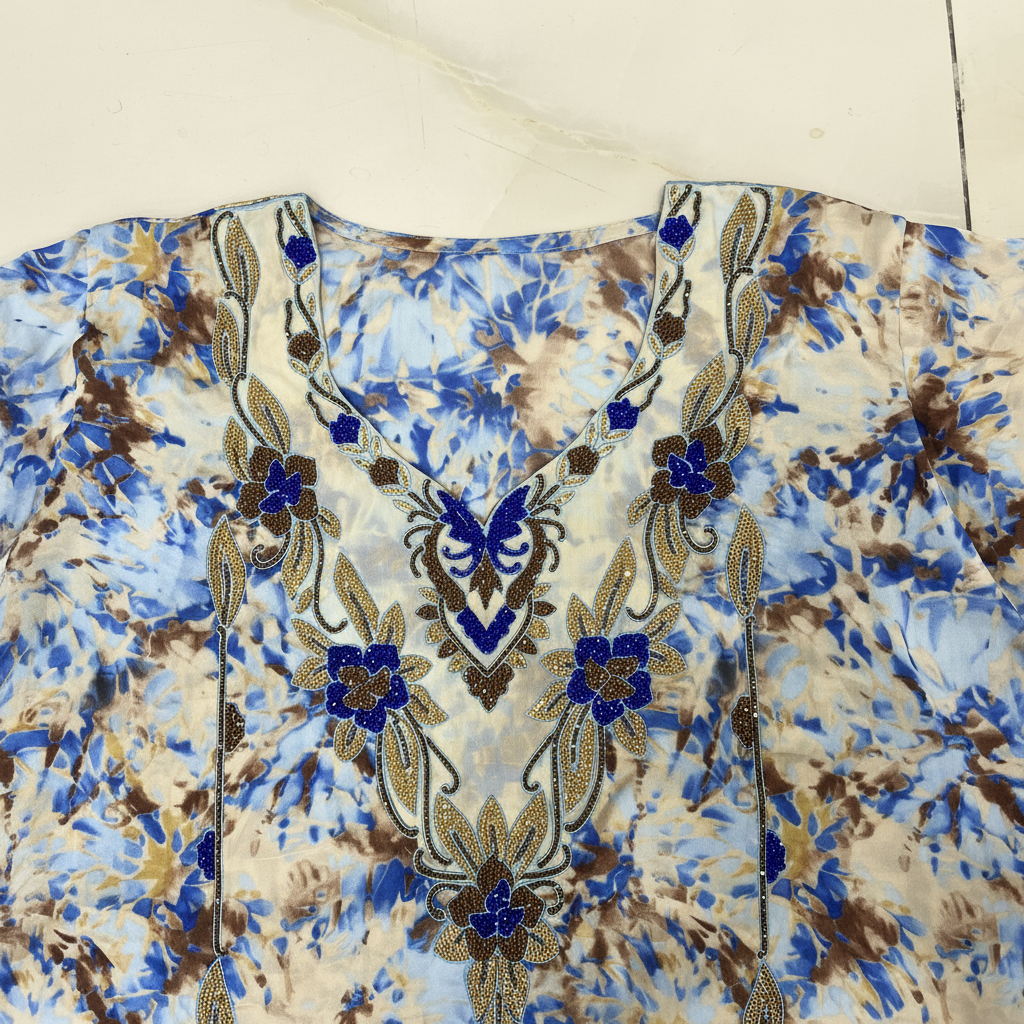 Women's Blue & Brown Tie-Dye Embellished Maxi Kaftan Dress