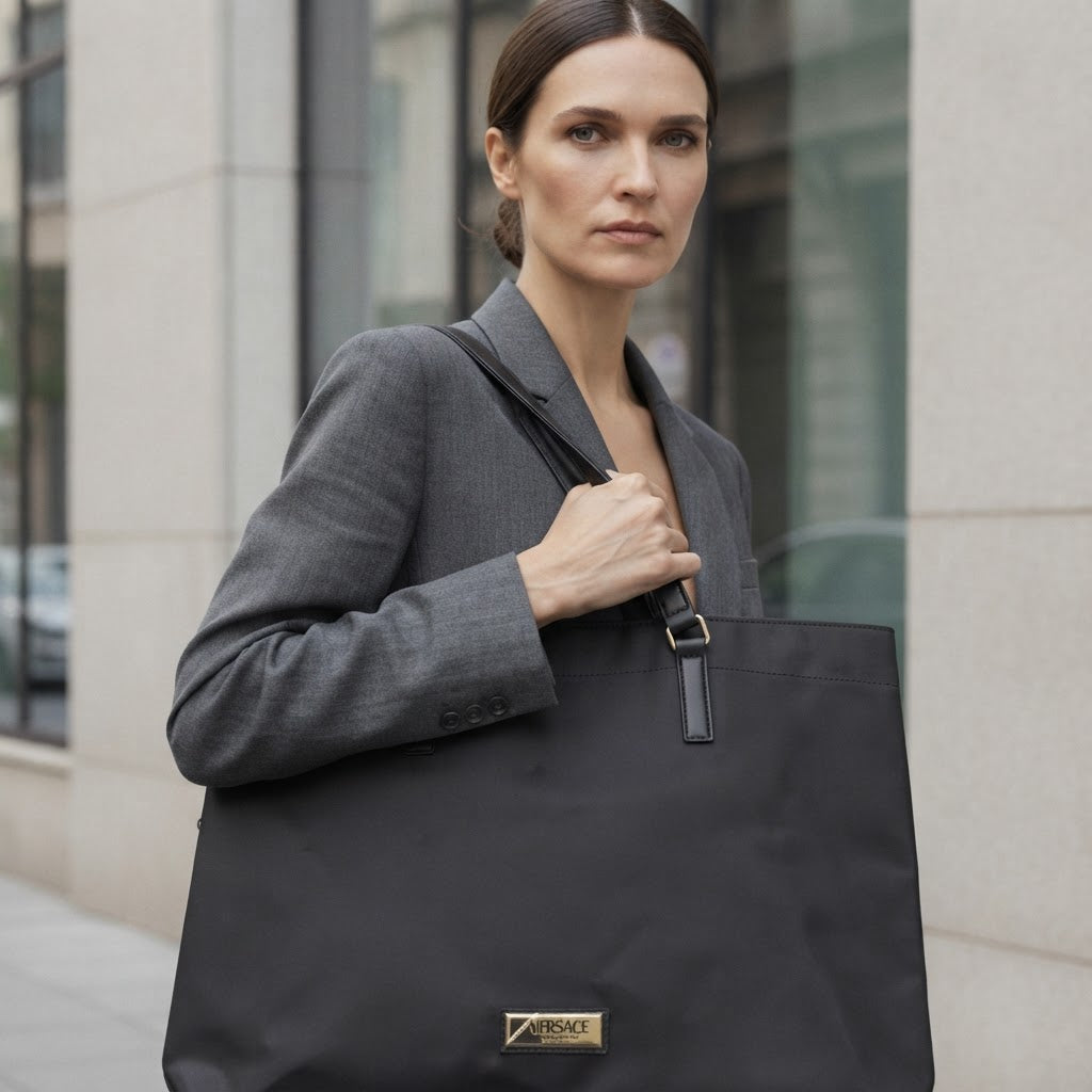 VERSACE parfums Large Black Nylon Shoulder Tote with Gold Pl