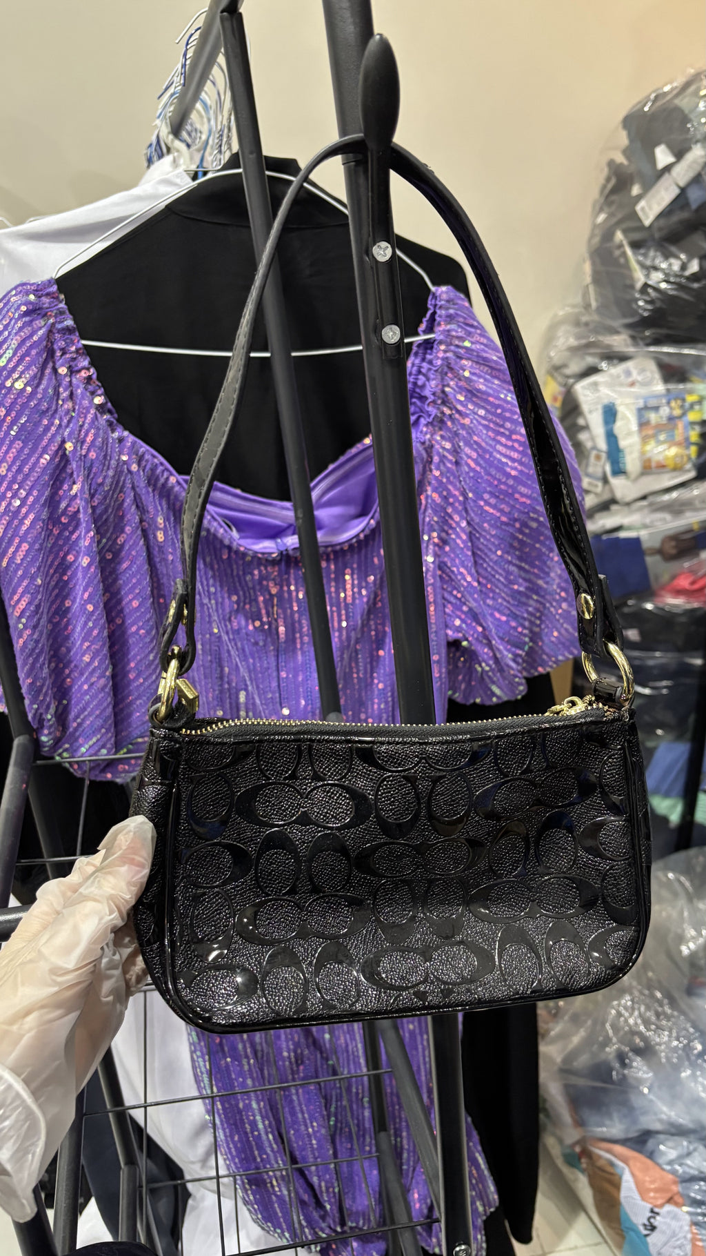 COACH NEW YORK Black Embossed Patent Leather Shoulder Bag