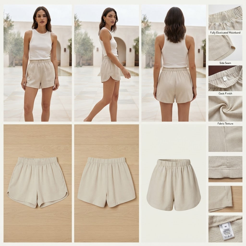 Cream Textured High-Waist Relaxed Lounge Shorts